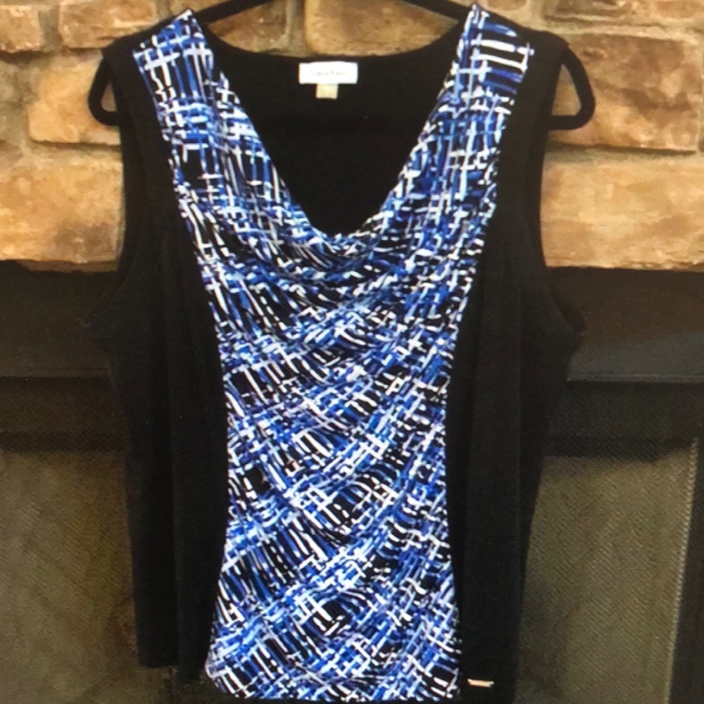 Calvin Klein black and blue sleeveless top draping front